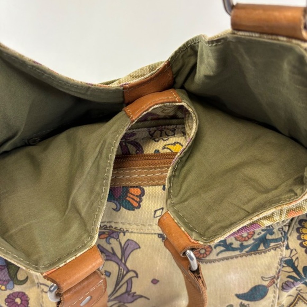 Fossil Canvas Shoulder‎ Bag Paisley Floral Print Leather Trim Zipper Taupe Green - Picture 8 of 8